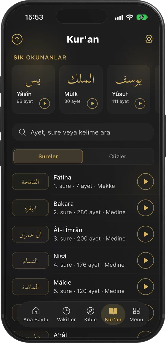 Kıblem Kur’an ekranı: sık okunan sureler ve sure listesi