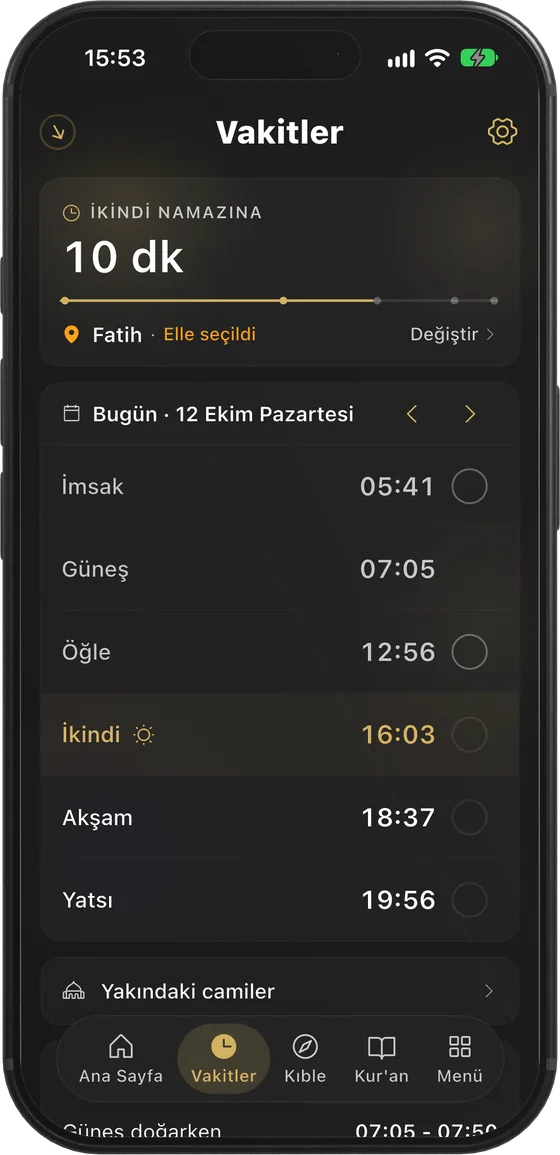 Kıblem vakitler ekranı: İkindi namazına 10 dakika, İstanbul vakit listesi