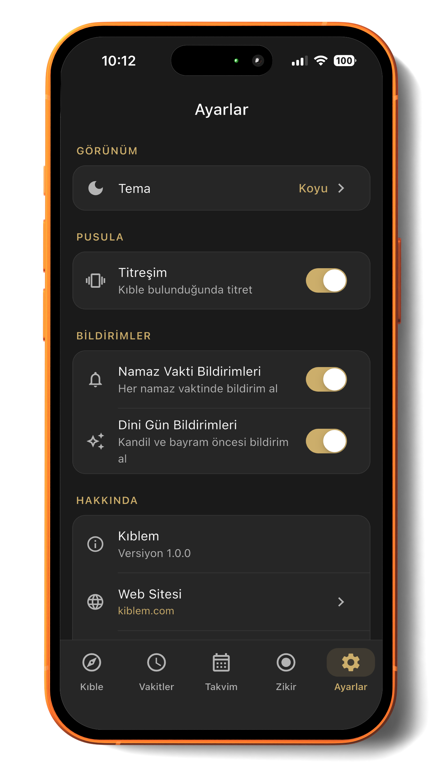 Kıblem uygulama ayarları ekranı